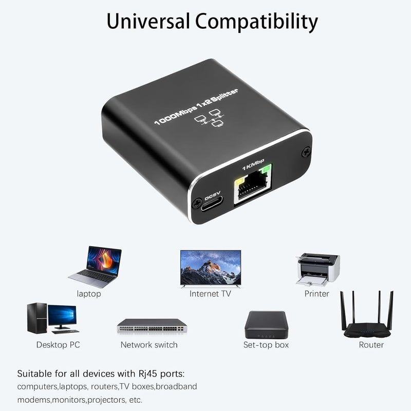 CN Gigabit Ethernet Splitter 1 to 2 - Network Internet Splitter Adapter with USB Power Cable, RJ45 1000Mbps High Speed for Cat 5/5e/6/7/8 Cable [2 Devices Networked Simultaneously] - Image 2